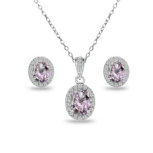 Oval Simulated Alexandrite & White Topaz Necklace & Stud Earrings Set in Silver