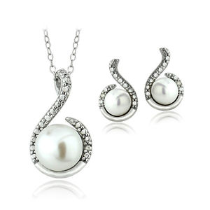 Sterling Silver White Freshwater Cultured Pearl & Diamond Accent Swirl Necklace