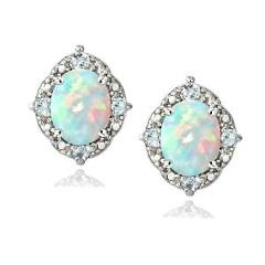 925 Silver Diamond Accent Created White Opal & Blue Topaz Oval Stud Earrings