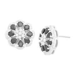 1 5/8 ct Natural Onyx Flower Studs with Diamonds in Sterling Silver