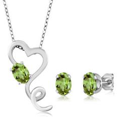 2.12 Ct Green Peridot 925 Sterling Silver Heart Pendant Earrings Set 18"