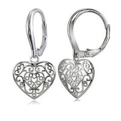 Sterling Silver High Polished Heart Filigree Leverback Earrings