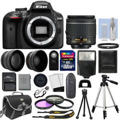 Nikon D3400 Digital SLR Camera Black + 3 Lens: 18-55mm Lens + 32GB Bundle