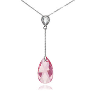 925 Silver Opal Rose Teardrop Leaf Drop Necklace Adorned w/ Swarovski® Crystals