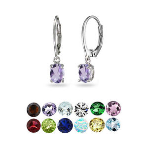 Sterling Silver Birthstone Gemstone 7x5mm Oval Dangle Leverback Earrings