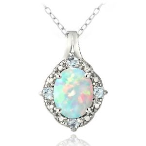 925 Silver Diamond Accent Created White Opal & Blue Topaz Oval Necklace