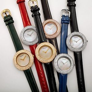 Women's Akribos XXIV Swarovski Crystal Mother of Pearl Dial Leather Strap Watch