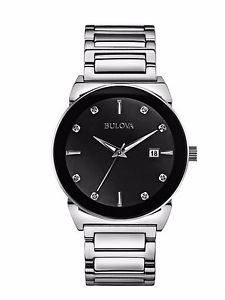 Bulova Men's 96D121 Diamond Accents Quartz Black Dial Silver Bracelet Watch