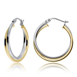 Yellow Gold Flashed Silver Two-Tone Intertwining Square Tube Hoop Earrings