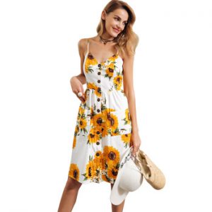 Simplee Strap v neck summer dress women Sunflower print backless casual dress vestidos Smocking high waist midi dress female