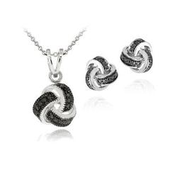 Black Diamond Accent Love Knot Necklace & Earrings Set in Brass