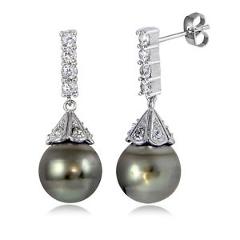 Sterling Silver 11mm Tahitian Cultured Pearl & White Topaz PyramidDrop Earrings