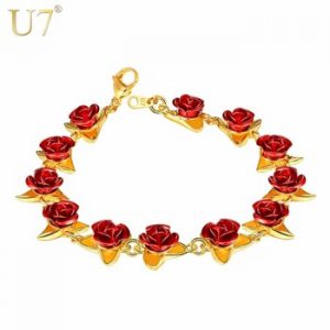 U7 Bracelet Red Rose Flowers Gold Color Wrist Chain Charm Christmas Gift For Women Fashion New Hot Jewelry Bracelets Wholesale