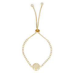 Gold Plated Silver Drawstring Tennis Bracelet with Round Tree of Life and CZ