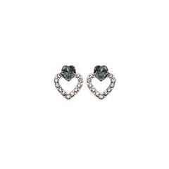 Rhodium Plated Heart Earring With Black Diamond Swarovski Stones