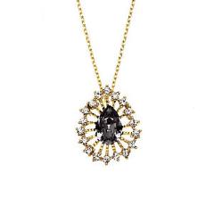 14K Gold Plated Sunburst Necklace With Black Diamond Swarovski Stone