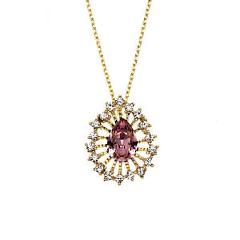 14K Gold Plated Sunburst Necklace With Antique Pink Swarovski Stone