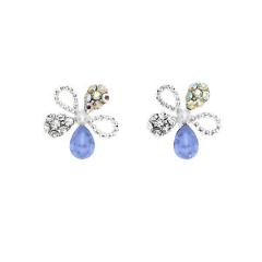 Rhodium Plated Flower Earring With Blue Opal Swarovski Stones