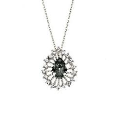 Rhodium Plated Sunburst Necklace With Black Diamond Swarovski Stone