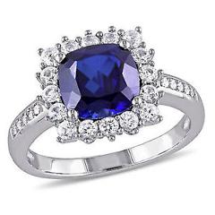 Sterling Silver Created Blue and White Sapphire with Diamond Accent Ring
