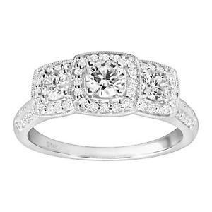 1 ct Diamond Square Halo Trio Engagement Ring in Rhodium-Plated 14K White Gold