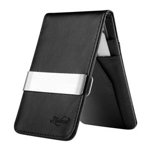 Mens Genuine Leather Silver Fashion Money Clip Wallets Black ID Card Holder