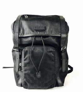 Gucci Men's Black GG Nylon Drawstring Backpack w/Black Leather Trim 510336 1000