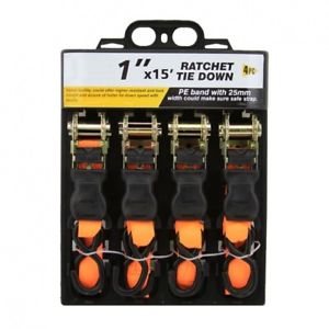 Ratchet Strap Tie Down Set ATV Motorcycle Cargo 1"x15' 1500lb 4pc Ratcheting Set