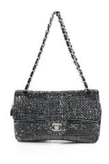 Chanel Black Crystal Embellished Strass Classic Single Flap Shoulder Handbag