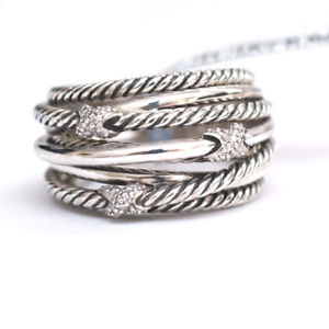 New DAVID YURMAN Petite X Multi Row Ring Diamond Silver size 7 NWT