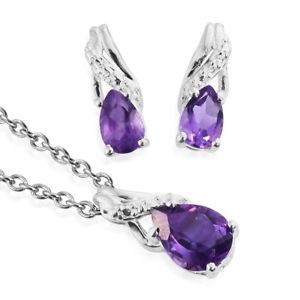 Amethyst Silver Earrings and Pendant With Stainless Steel Chain 20" 1.8 cttw