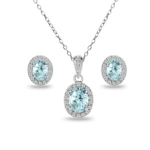 Oval Halo Blue Topaz & White Topaz Necklace & Stud Earrings Set in 925 Silver