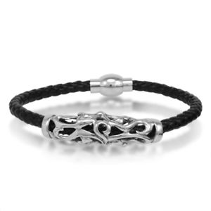 Braided Black Leather Men's Bracelet 8 1/2 inches with Magnetic Steel Clasp