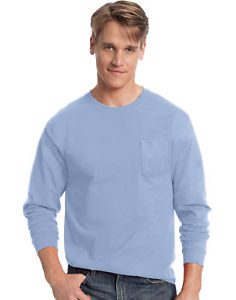 Hanes Long-Sleeve T-Shirt with a Pocket Mens TAGLESS Cotton S-3XL 11 Colors 5596