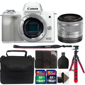 Canon EOS M50 Mirrorless Digital Camera + 15-45mm Lens White 24GB Accessory Kit