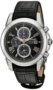 Seiko Men Le Grand Solar Chrono 100m Stainless Steel/Black Leather Watch SSC379