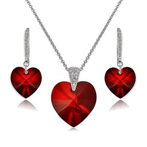 Sterling Silver Red Heart Necklace & Earrings Set Created with Swarovski Crystal