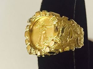 14K Gold Men's 21 MM NUGGET COIN RING with a 22 K 1/10 OZ AMERICAN EAGLE COIN