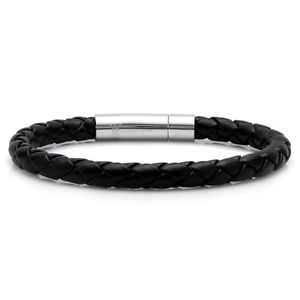 Oxford Ivy Mens Braided Black Leather and Stainless Steel Bracelet 8 1/2 inch.