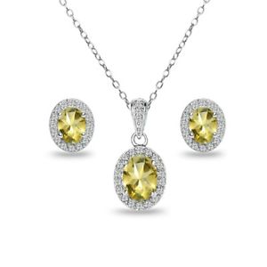 Oval Halo Citrine & White Topaz Necklace & Stud Earrings Set in Sterling Silver