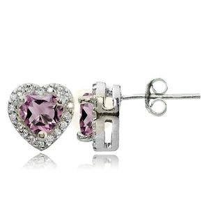 Sterling Silver Light Purple Cubic Zirconia and White Topaz Heart Stud Earrings