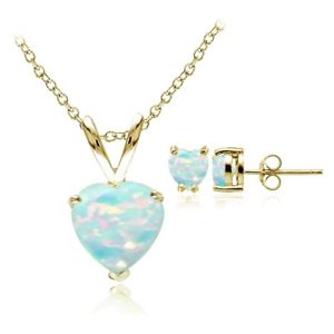 Yellow Gold Flashed Silver Simulated White Opal Heart Necklace and Earrings Set