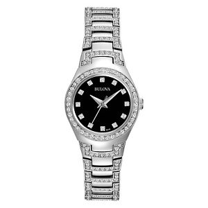 Bulova Women's 96L170 Quartz Crystal Accents Black Dial Silver-Tone 24.5mm Watch