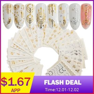 Full Beauty 30pcs Gold Silver Nail Water Sticker Feather Flower Spider Design Decal For Nails Decoration Nail Art Manicure CHY