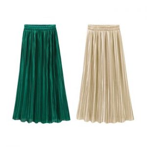 Silver Gold Pleated Skirt Womens Vintage High Waist Skirt 2018 Summer Long Skirts New Fashion Metallic Skirt Female