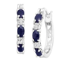 2 1/10 ct Natural Sapphire Hoop Earrings with Diamonds in Platinum-Plated Brass