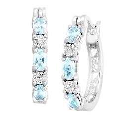 1 5/8 ct Natural Sky Blue Topaz Hoop Earrings w/ Diamonds in Platinum over Brass