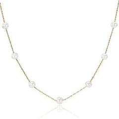 10k Yellow Gold White Freshwater Pearl Tin-Cup Necklace 5.5-6 mm AAA Grade