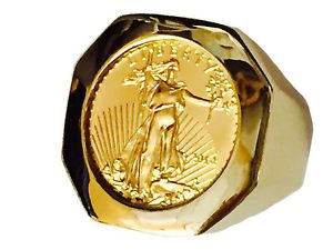 14K Gold Mens COIN RING with a 22K 1/10 OZ AMERICAN EAGLE COIN