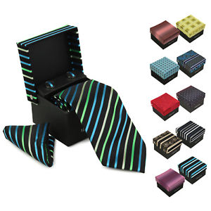 Berlioni Men's Silk Neck Tie Accessory Box Set With Cufflinks & Pocket Square